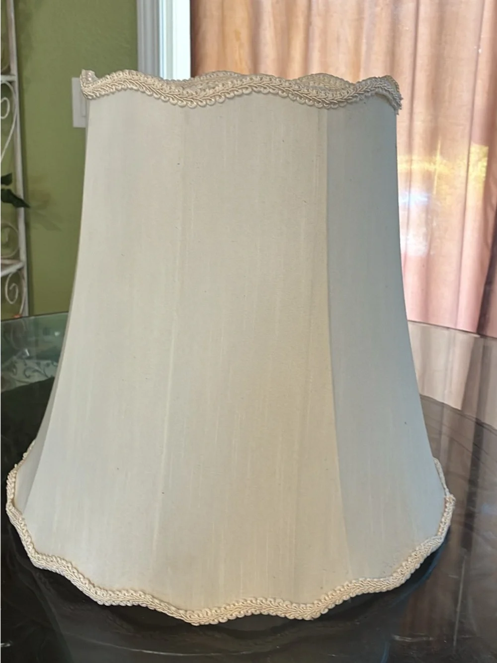 Vintage white scalloped bell lamp shade with braid trim